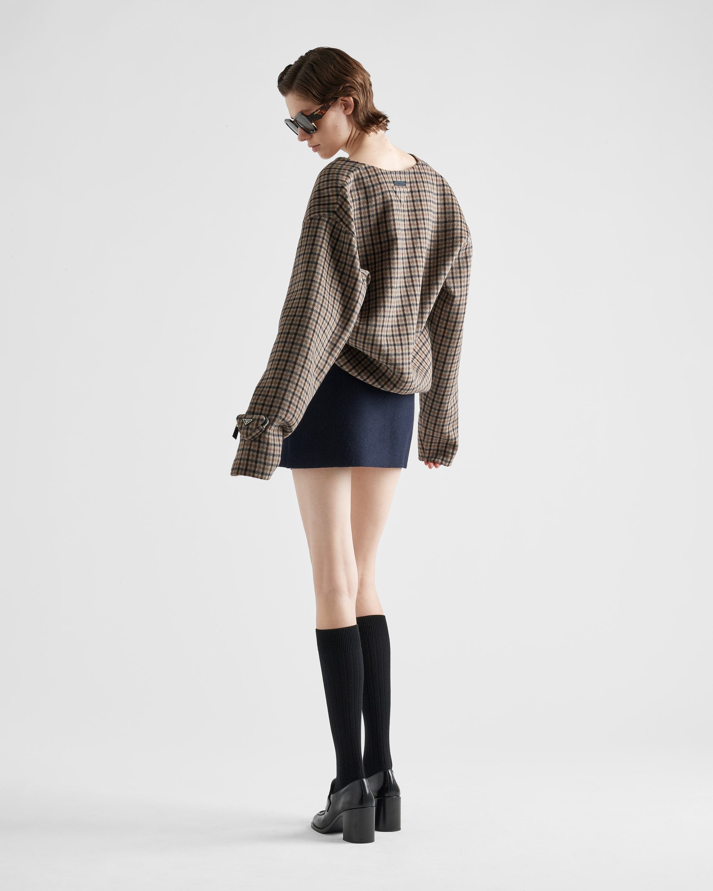 Prada Check Pattern V-neck Angora-virgin Wool Blend Top In Nude