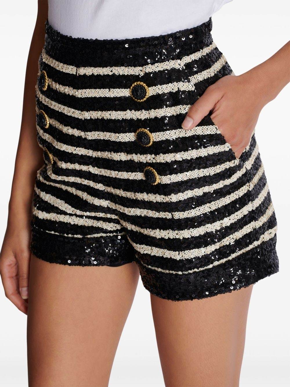 Balmain Black And White Striped Shorts With Jewel Buttons In All-over Sequins Fabric Woman In Black