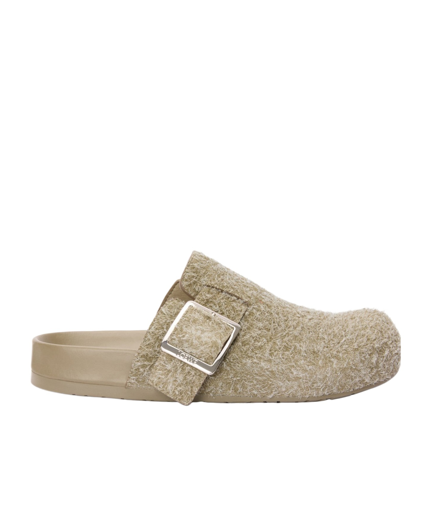 Loewe Ease Buckle Brushed Suede Mules In Green