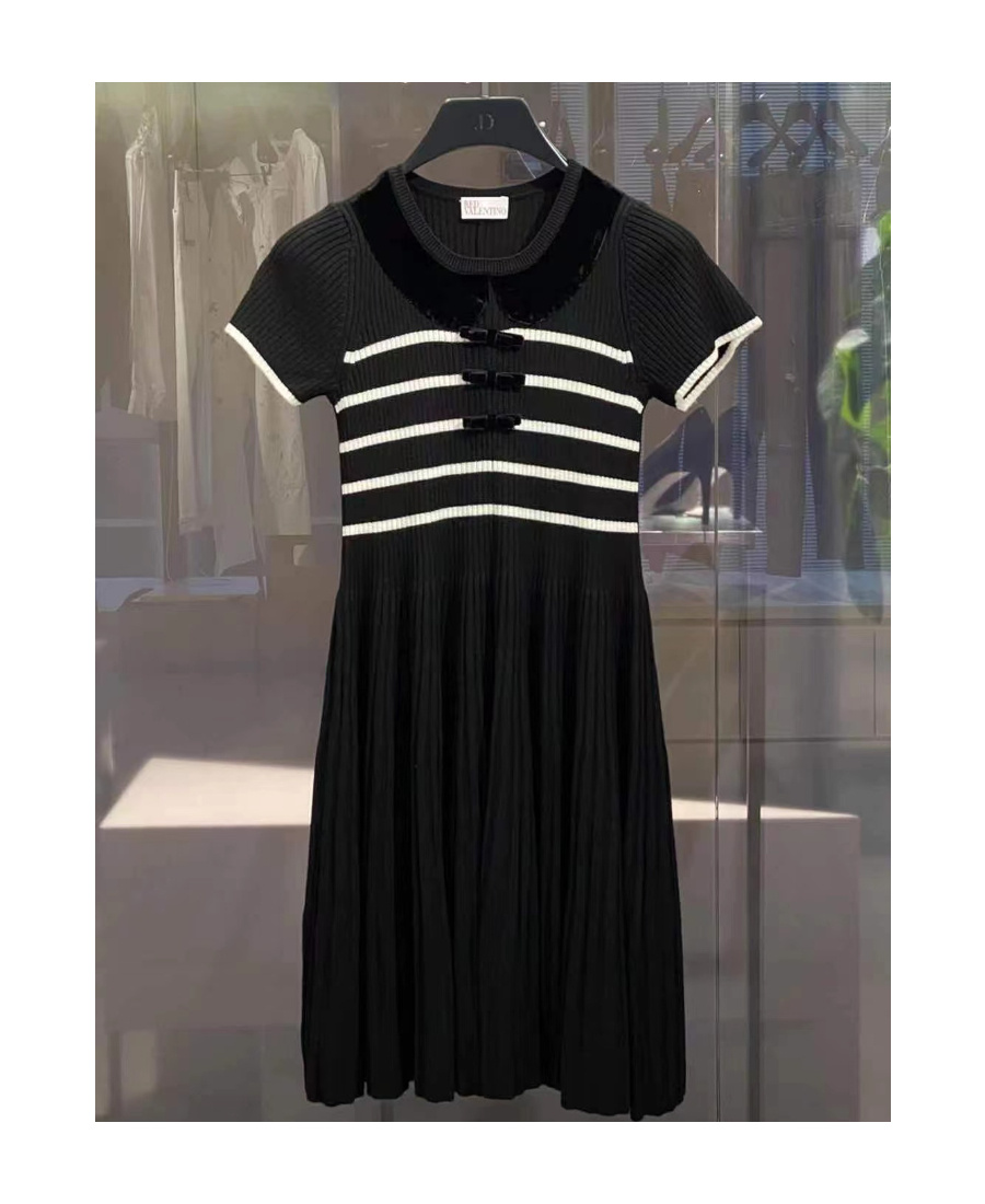 Red Valentino Logo Striped Dress In Black