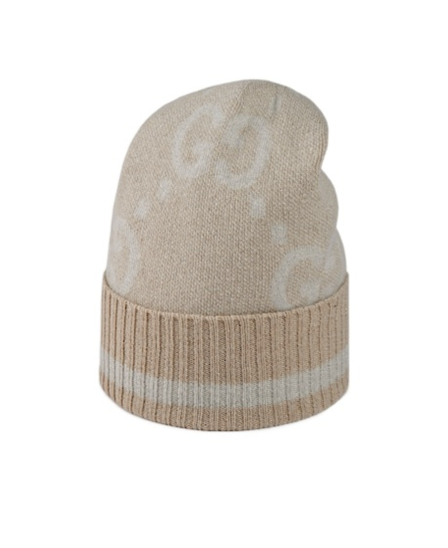 Gucci Gg Damier-jacquard Cashmere Beanie In Nude