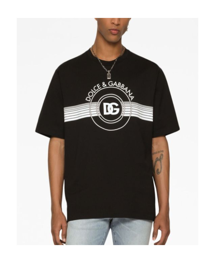 Dolce & Gabbana Black Cotton T-shirt With Large Interlocking Logo Print In Black