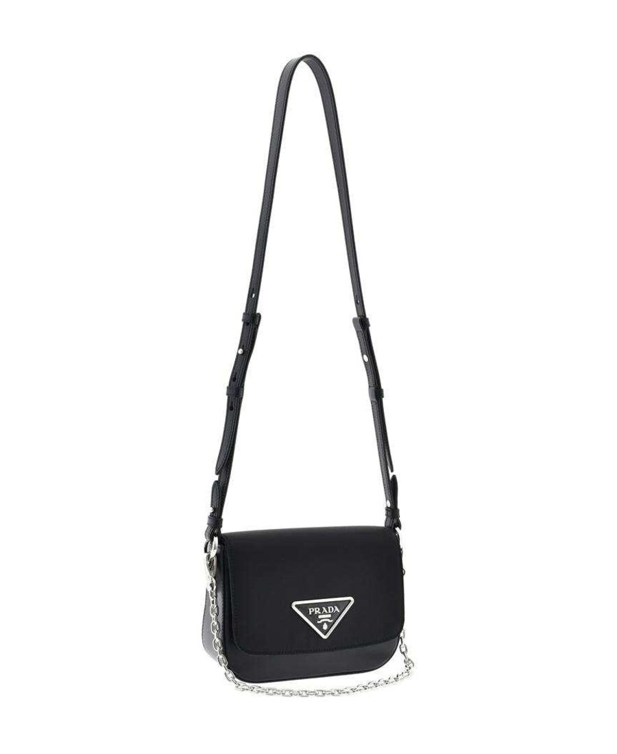 Prada Enamel Triangular Motif Shoulder Bag In Black