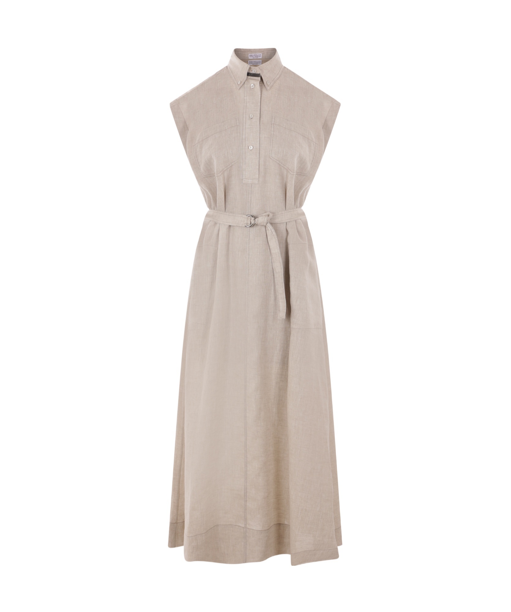Brunello Cucinelli Linen Chemisier Short Sleeves Long Dress In Beige In Nude