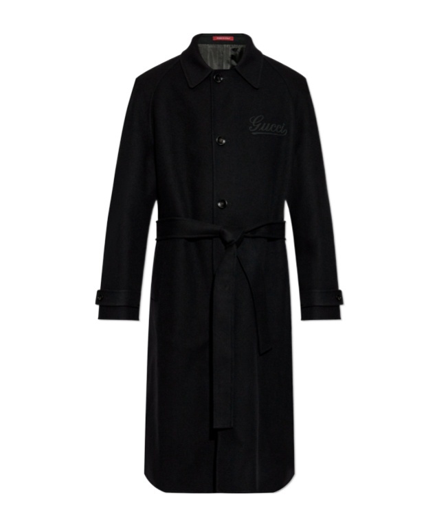 Gucci Black Single-breasted Coat With Wide Notched Revers And Belt In Wool Man In Multicolor