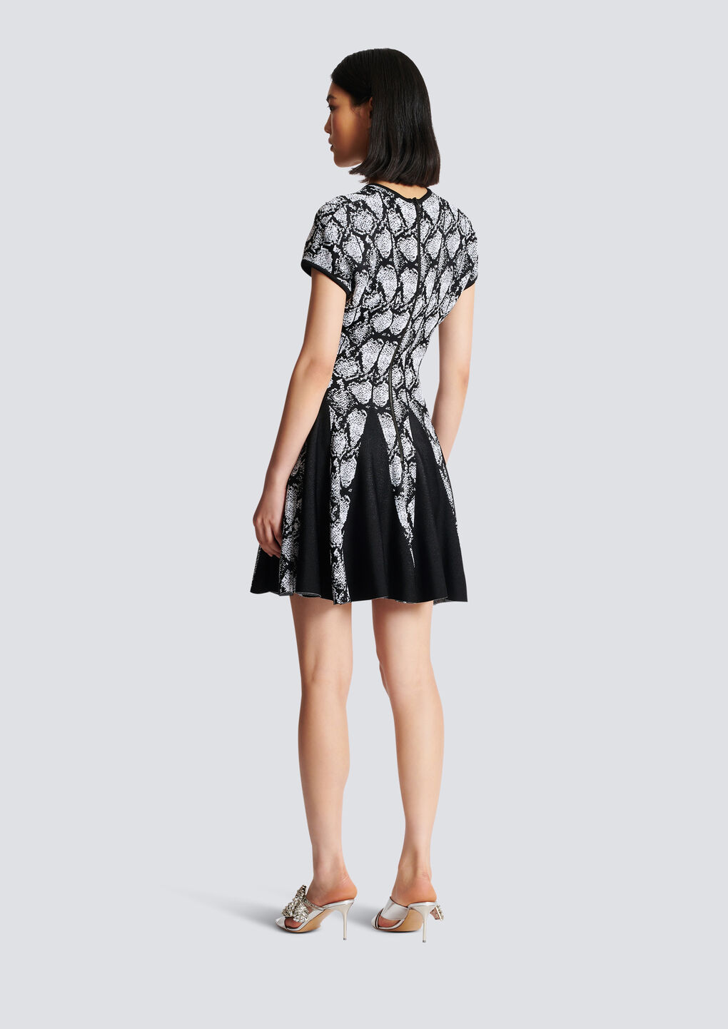 Balmain Short-sleeve Python Jacquard-knit Skater Dress In Gray