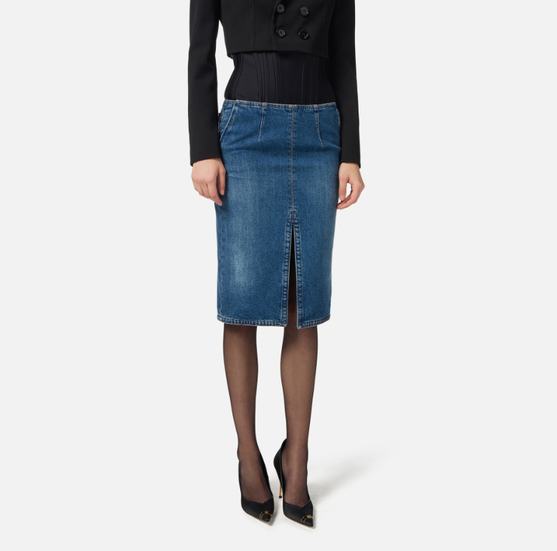 Elisabetta Franchi Denim And Neoprene Skirt In Blue