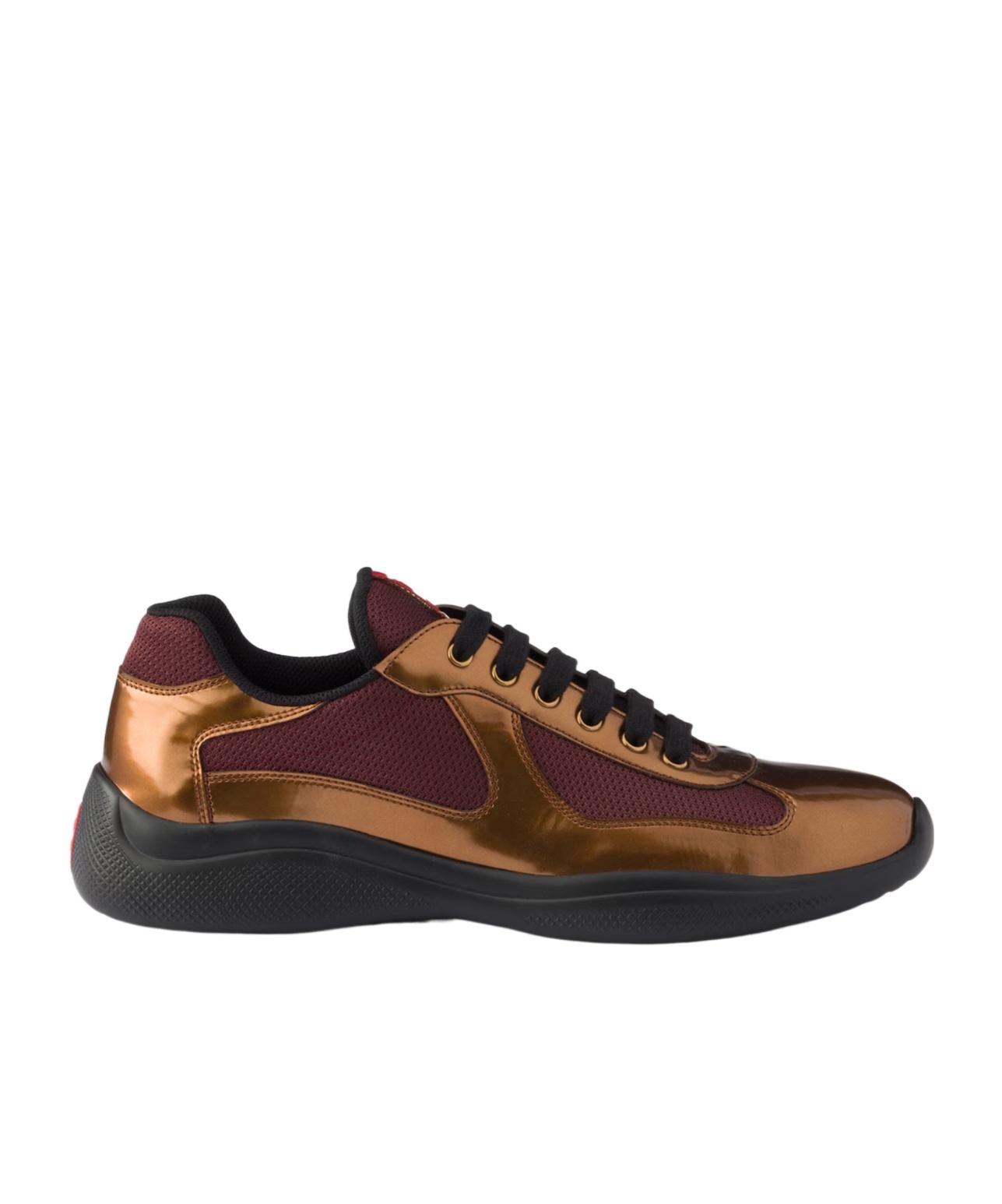 Prada America's Cup Metallic Leather And Bike Fabric Sneakers In Brass/burgundy Red