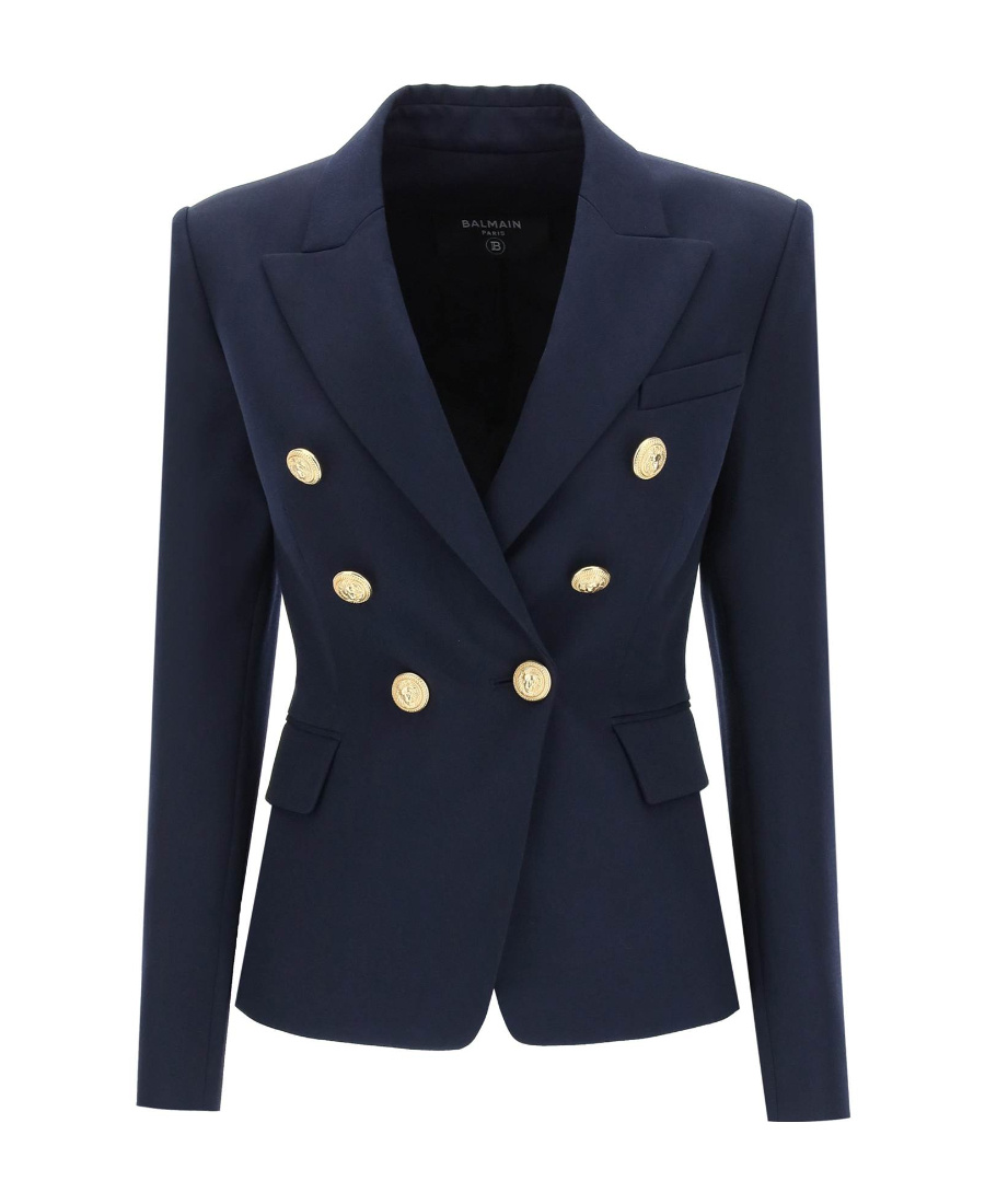 Shop Balmain Navy Blue Wool Double-breasted Jacket In Black