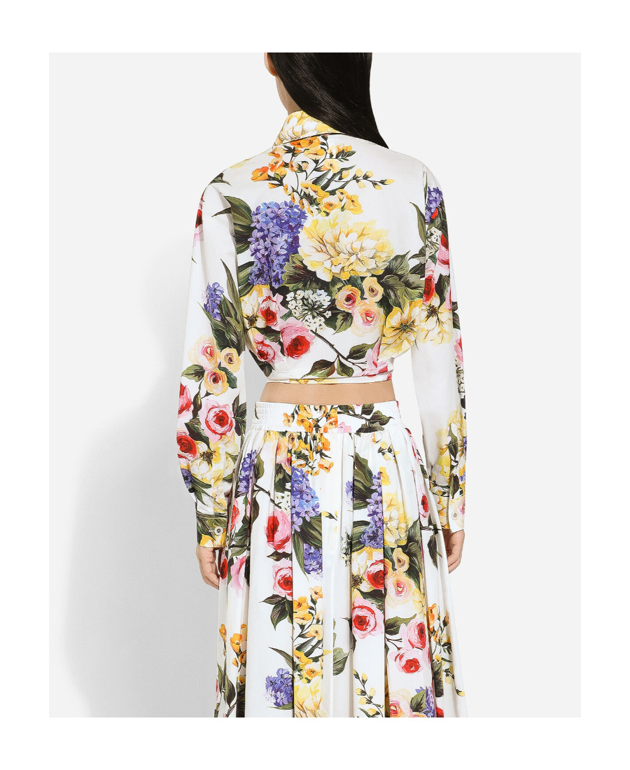 Dolce & Gabbana Floral Print Cropped Poplin Shirt With Front Tie In White