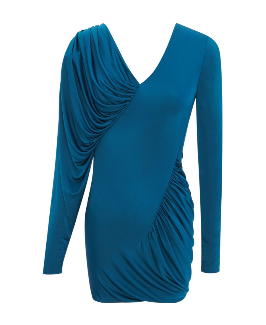 Saint Laurent Mini Blue Dress With V Neckline And Gathering Detail In Viscose Woman In Blue