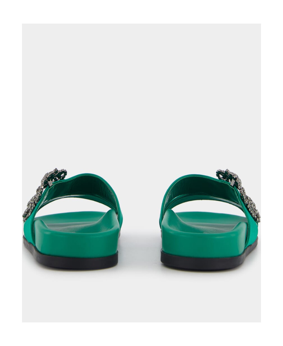 Manolo Blahnik Chilanghi Crystal Buckle Slide Sandals In Green