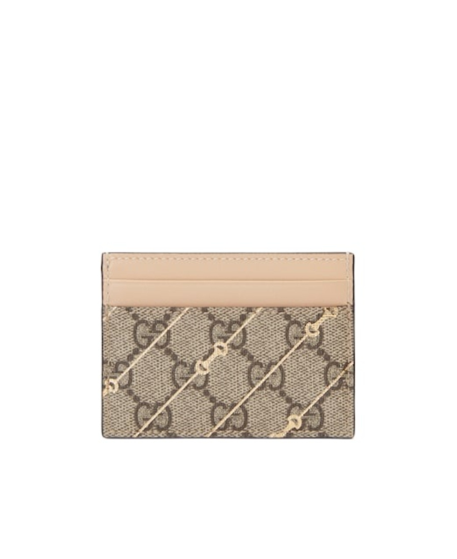 Shop Gucci Horsebit-print Leather Cardholder In Nude