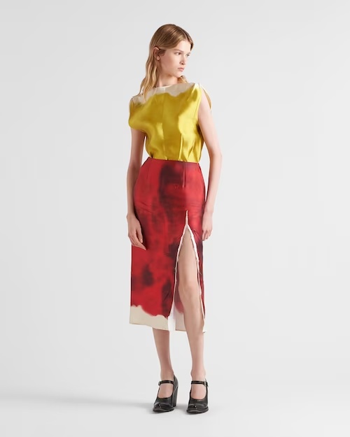 Shop Prada Printed Satin Midi Skirt With Slit In Red