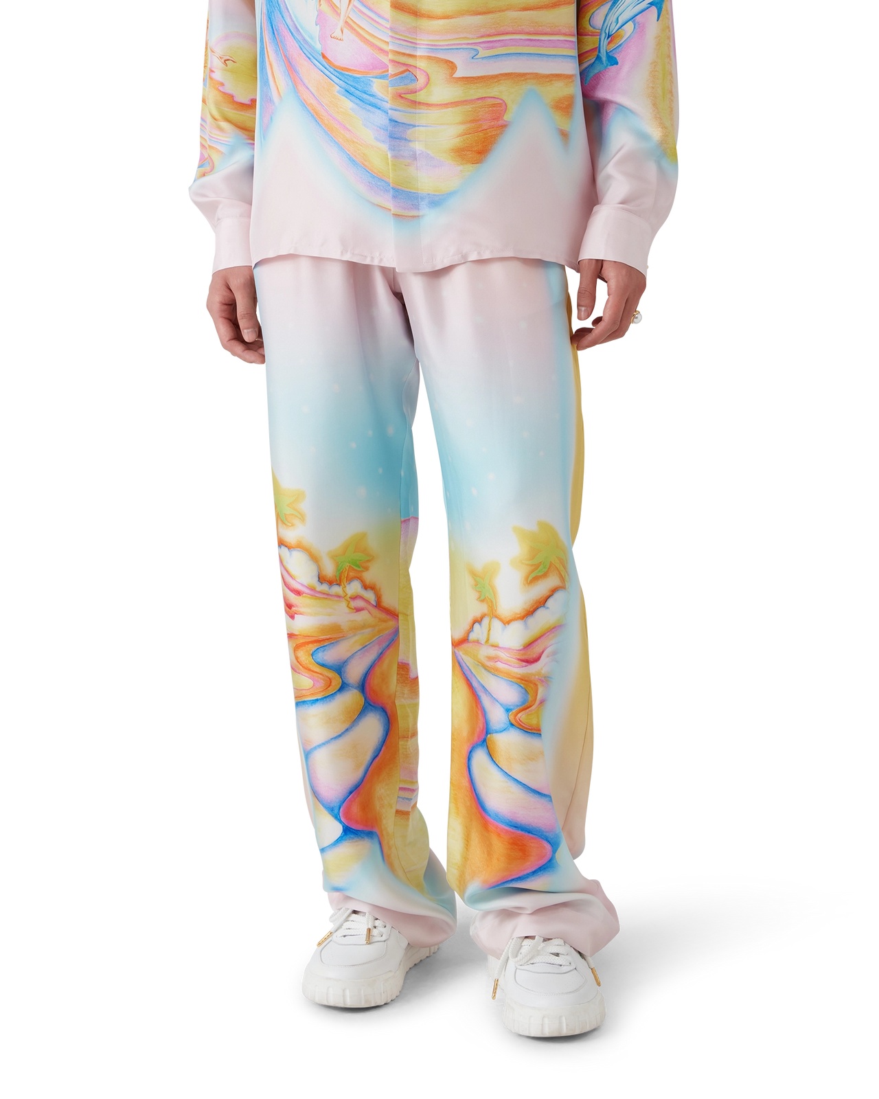Casablanca Printed Silk Wide-leg Drawstring Trousers In Nude