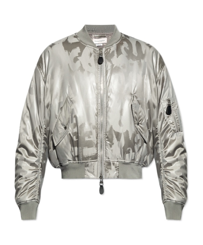 Alexander Mcqueen Graffiti Logo Metallic Bomber Jacket In Gray