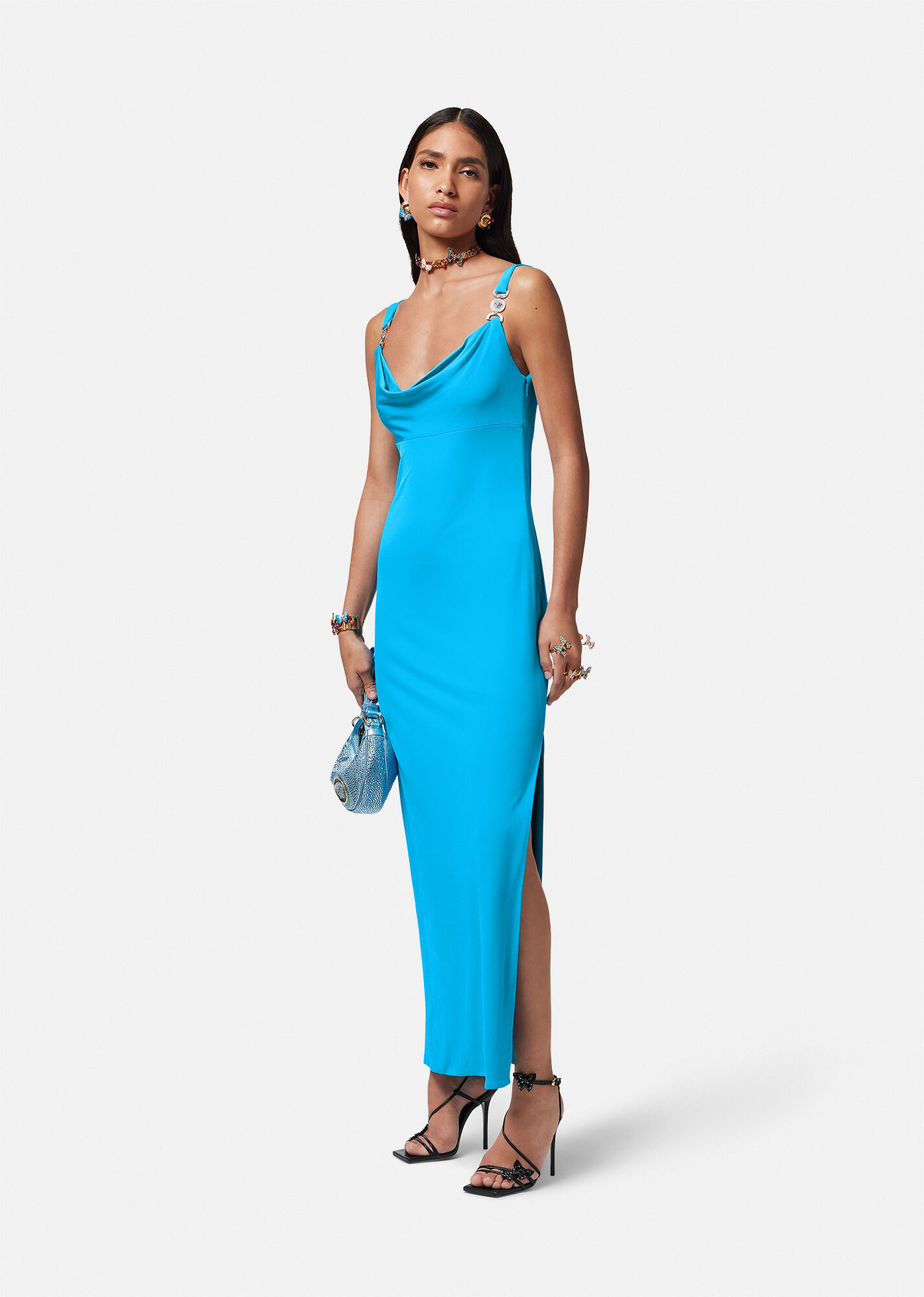 Versace Embellished Draped Metallic Jersey Dress In Blue