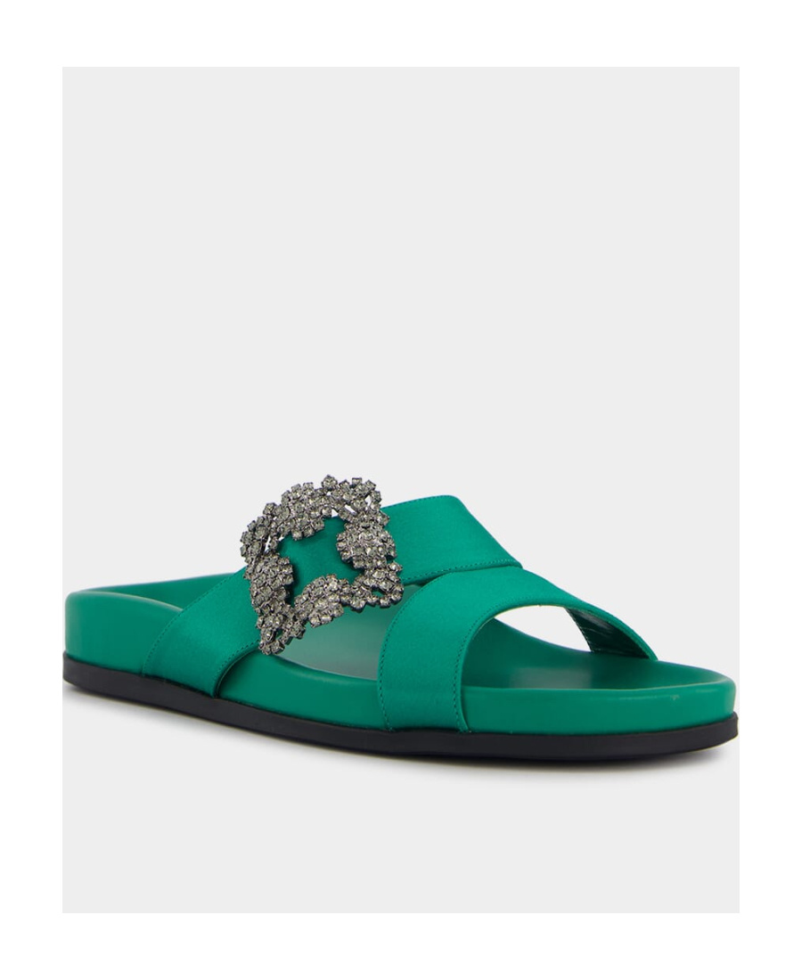 Manolo Blahnik Chilanghi Crystal Buckle Slide Sandals In Green
