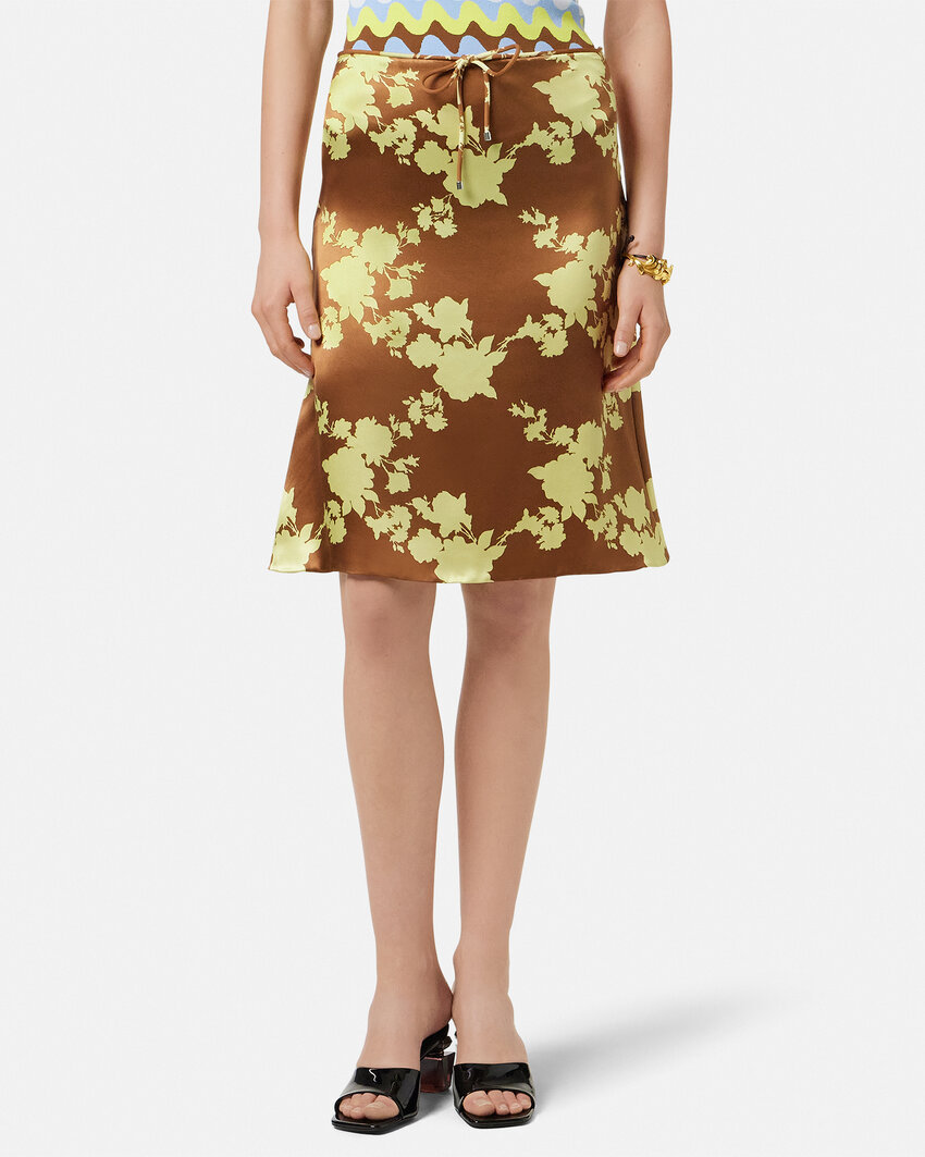 Shop Versace Wild Roses Satin Midi Skirt In Brown\yellow
