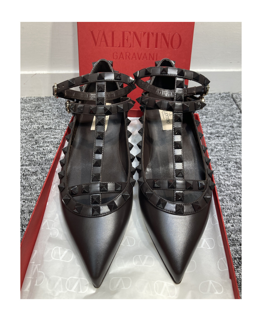 Valentino Rockstud Leather Ballerina Shoes In Brown
