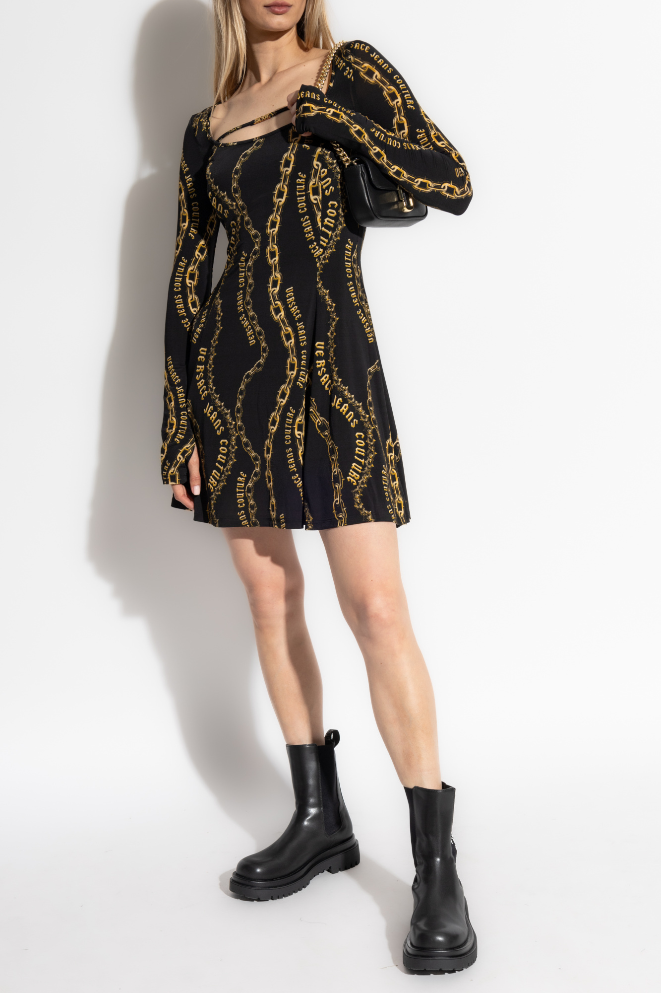 Versace Jeans Chain-link Print Mini Dress In Black