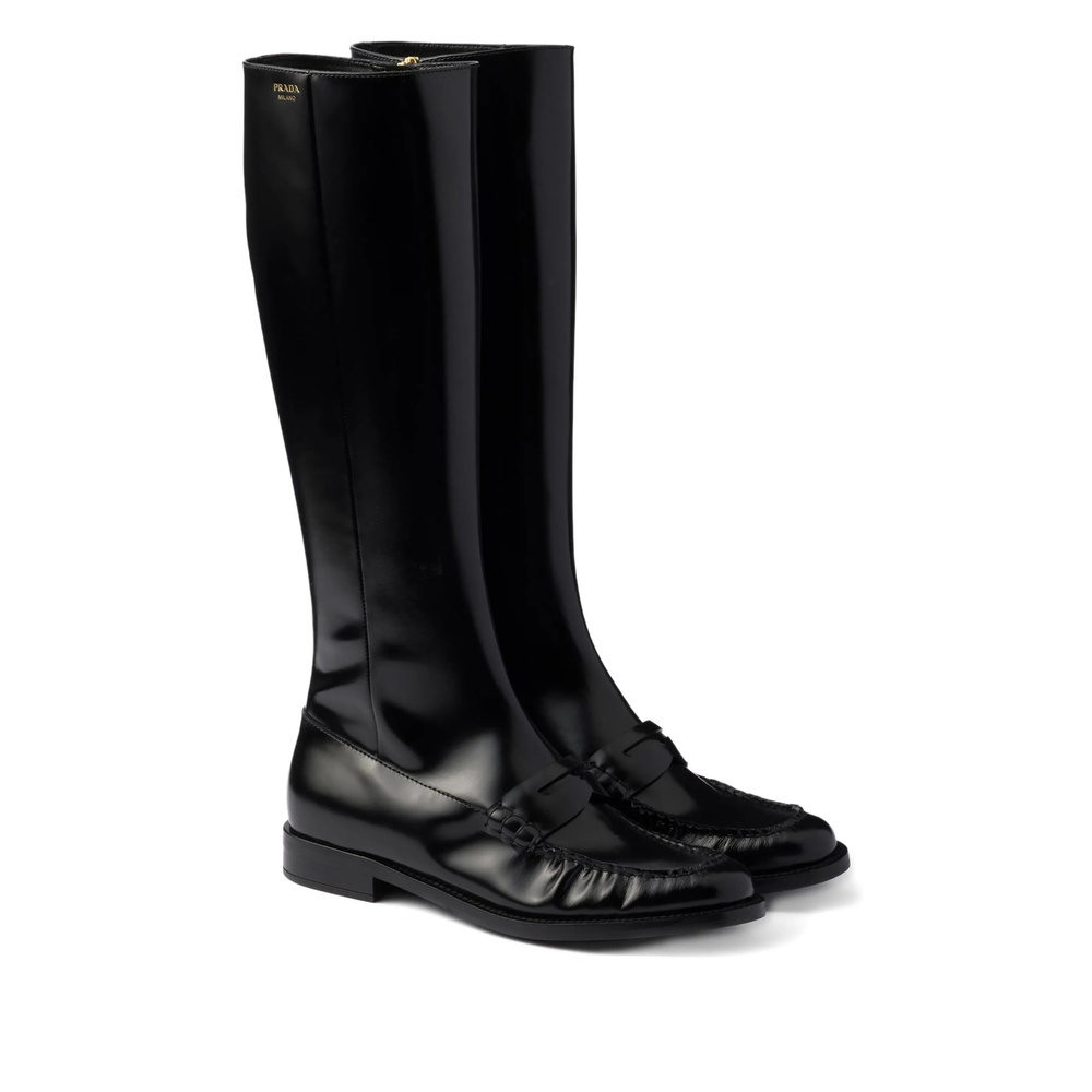 Prada Knee-high Leather Boots Glossy Finish In Black