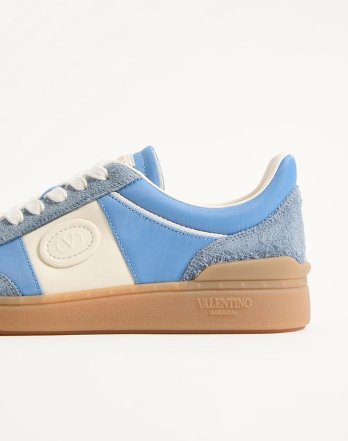 Valentino Upvillage Sneaker In Crust Leather With Nappa Calfskin Leather Band In Gray/sky Blue