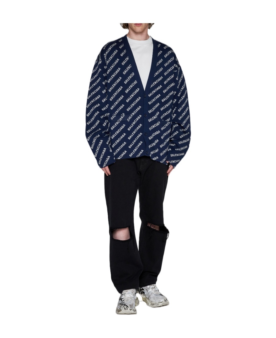 Balenciaga All-over Logo Button-up Cardigan In Blue