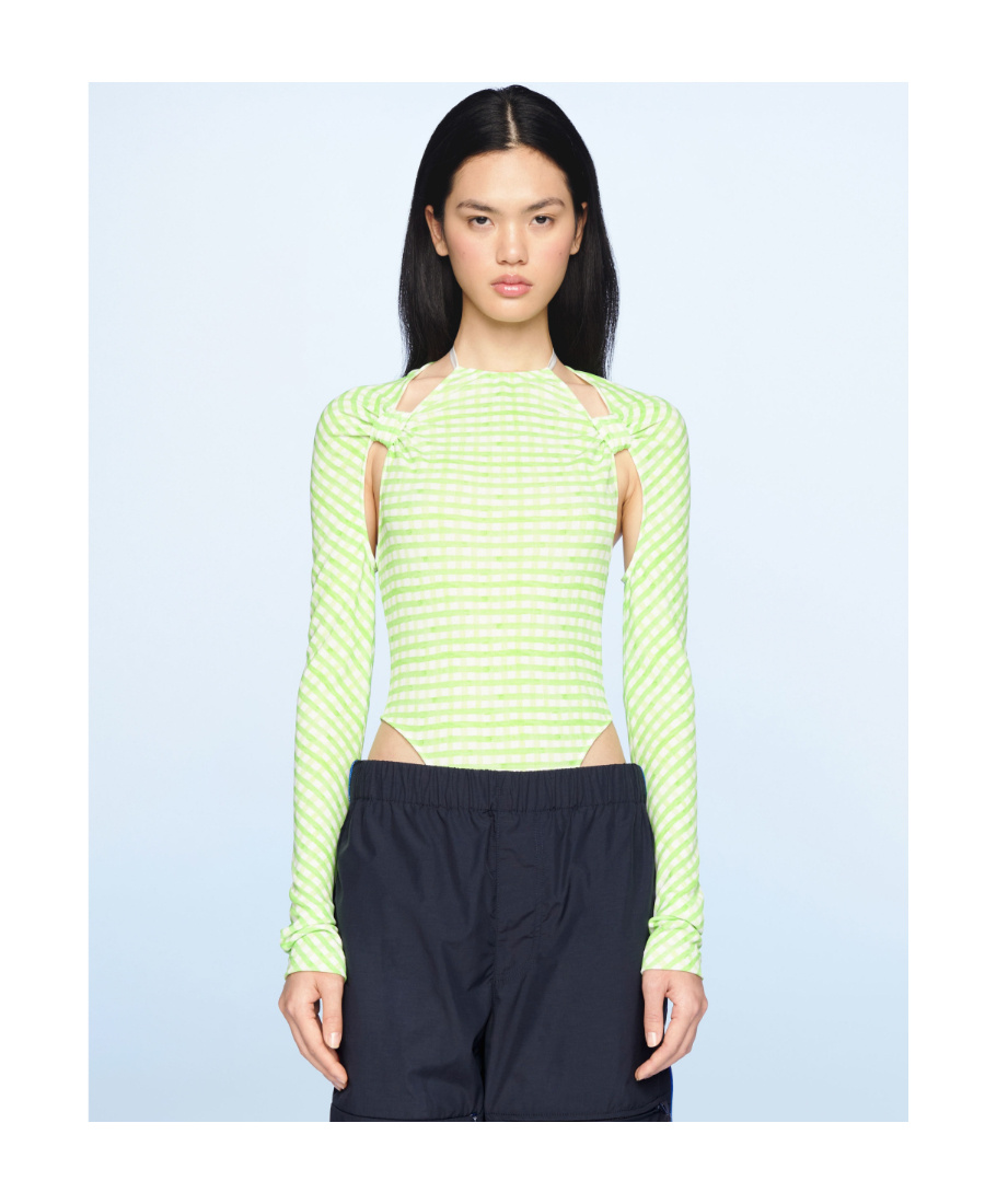 Jacquemus Nodi Cutout Knotted Gingham Jersey Bodysuit In Green