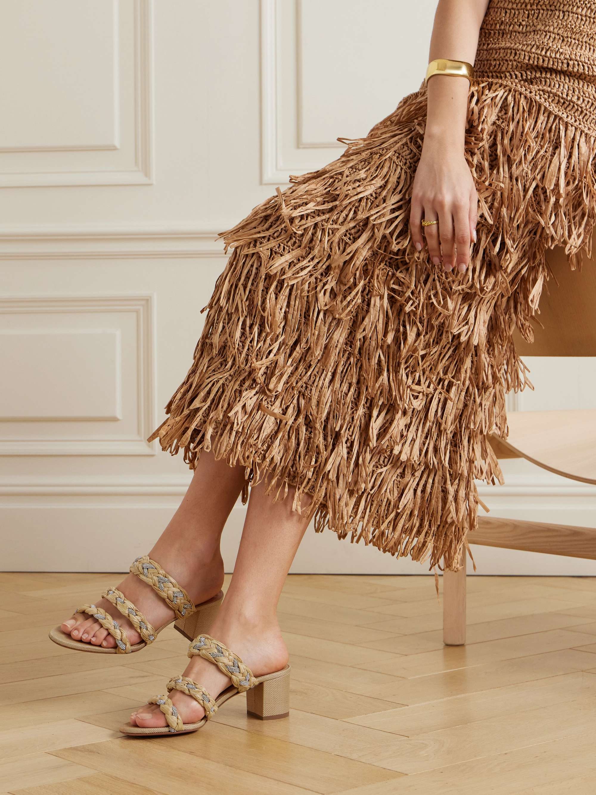 Aquazzura Costiera Crystal-embellished Cord-trimmed Raffia Sandals In Nude
