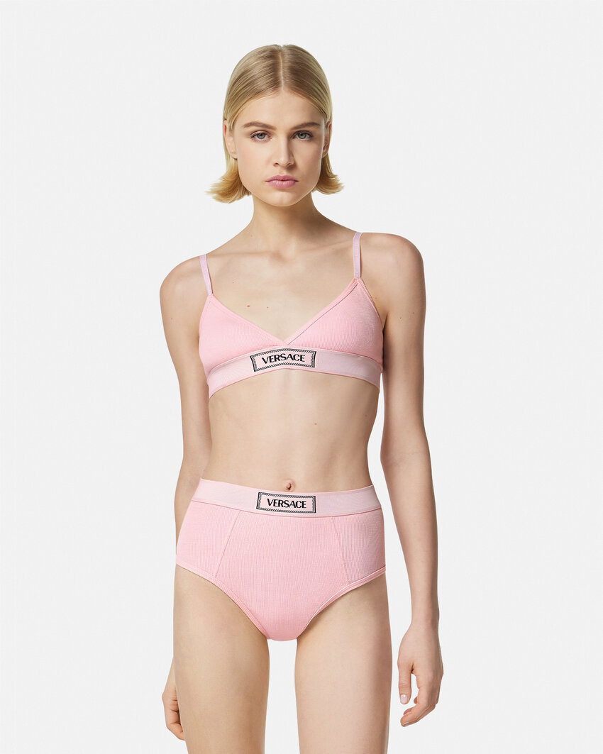 Versace Logo-patch Cotton-blend Bra In Pink