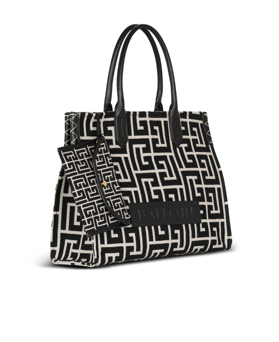 Balmain B-army 42 Monogrammed Jacquard And Leather Tote Bag In Black