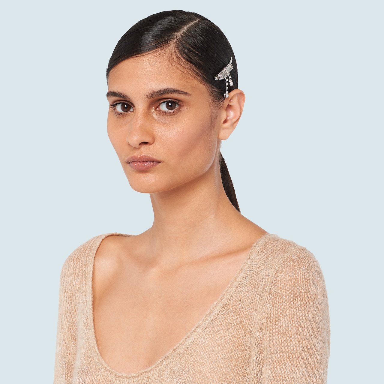 Miu Miu Crystal-detail Bow Hair Slide In Gray