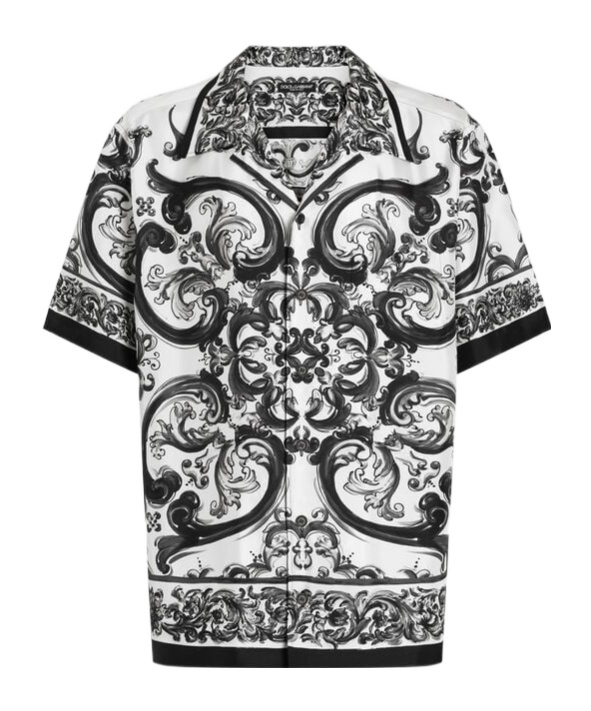 Dolce & Gabbana Maiolica Black And White Bowling Shirt With Cuban Collar And All-over Print In Silk Man In Black