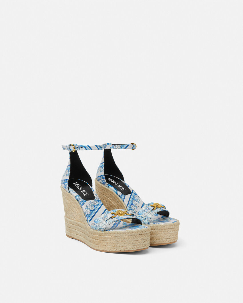 Versace Embellished Printed Leather Espadrille Wedge Sandals In Blue