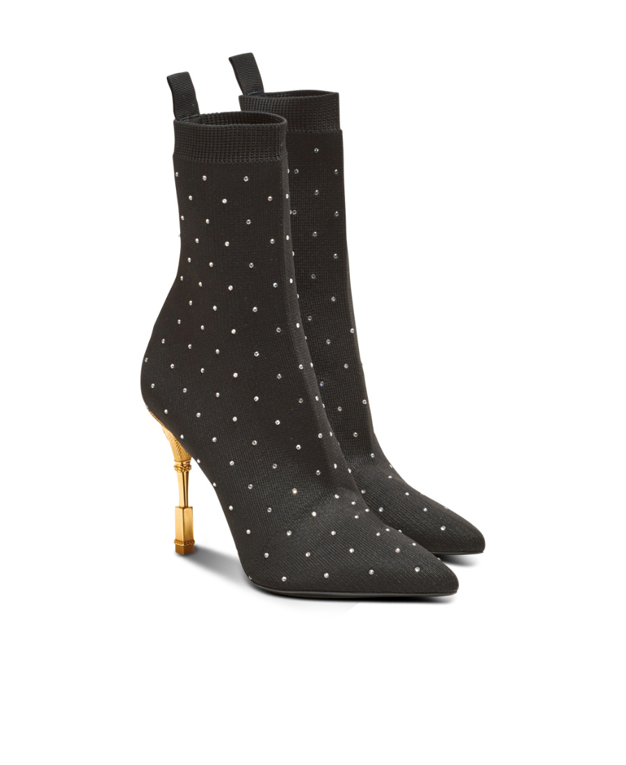 Shop Balmain Moneta Rhinestoned Knit Ankle Boots In Black