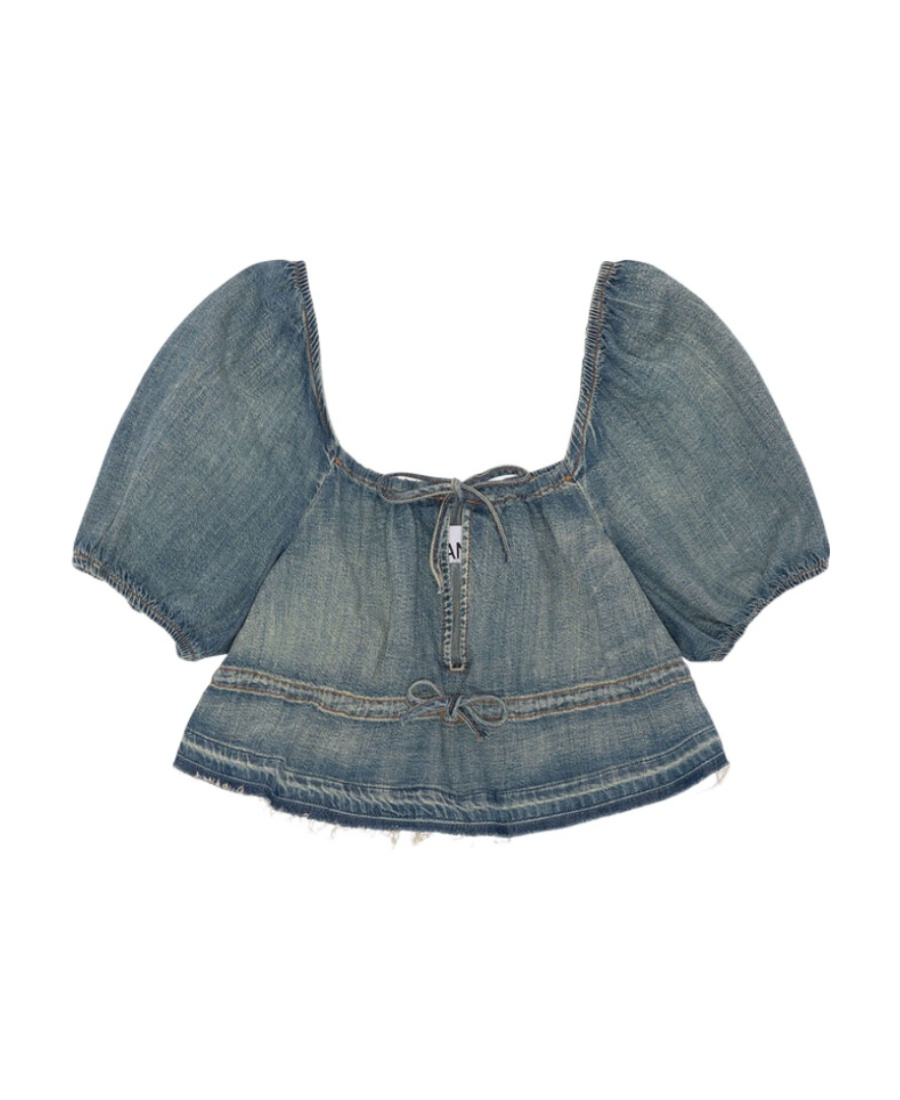 GANNI TINT EDGE DENIM PUFF SLEEVE TOP