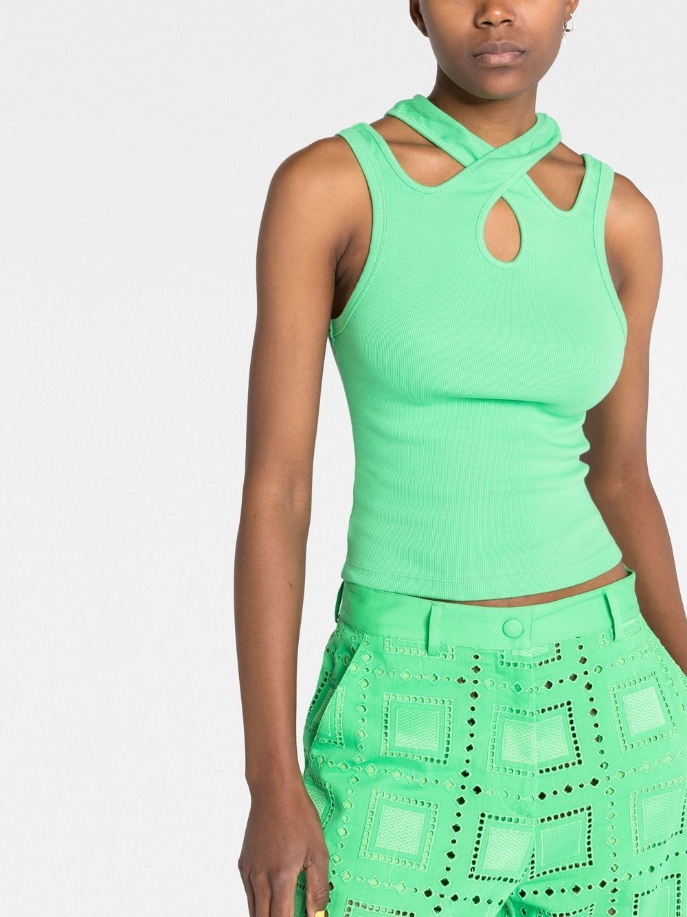 Msgm Light Green Ribbed Tank Top With Cut-out Detailing In Cotton Woman In Green
