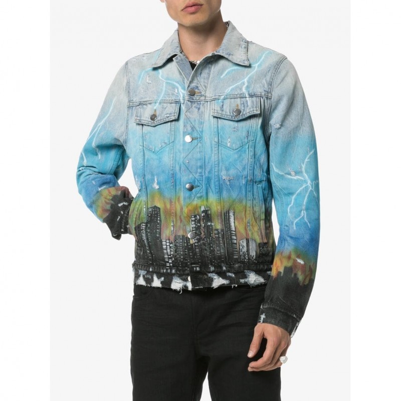 Amiri City Pattern Denim Coat In Blue