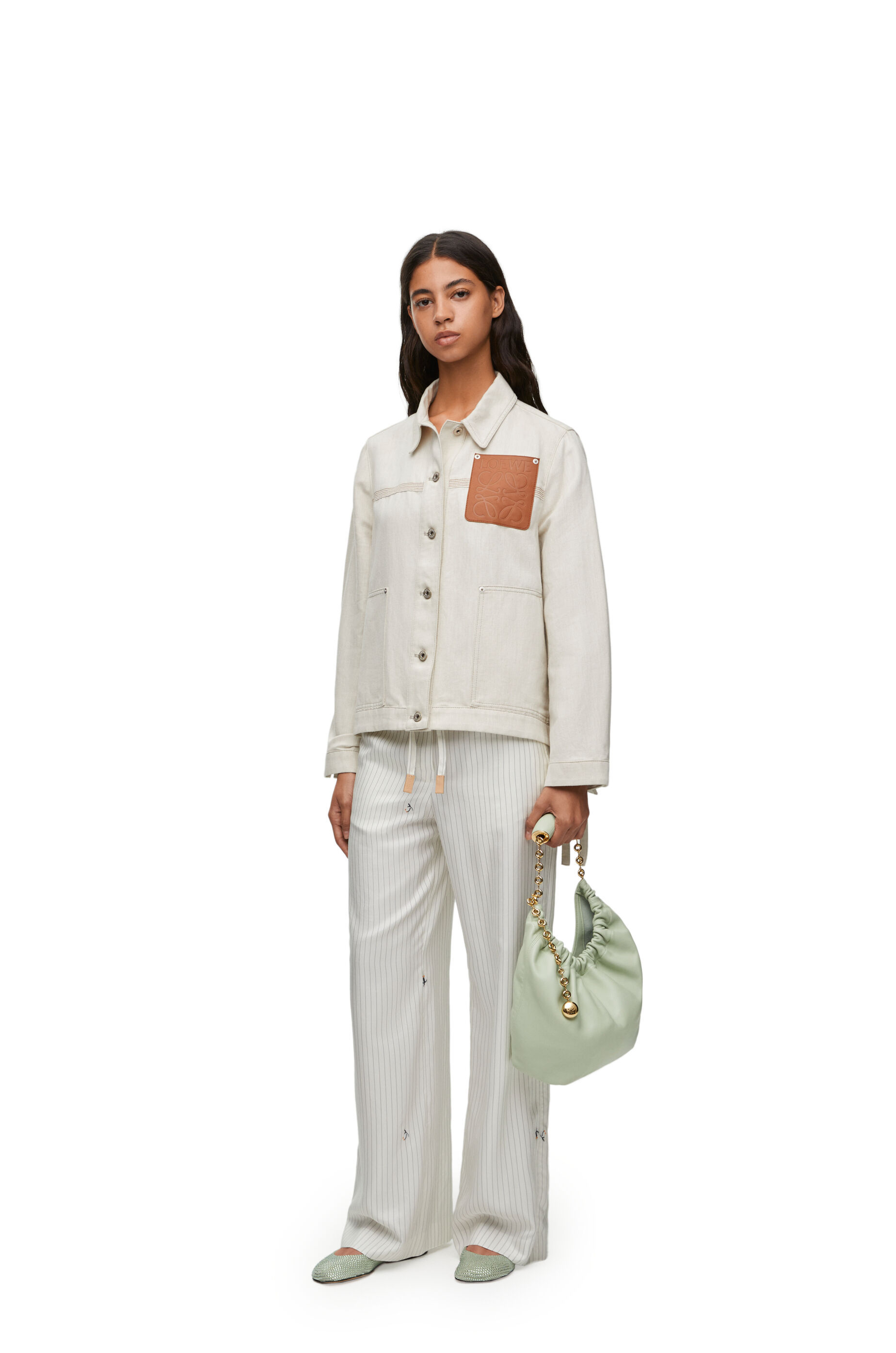 Loewe Asymmetric Leather-trimmed Cotton And Linen-blend Drill Jacket In White