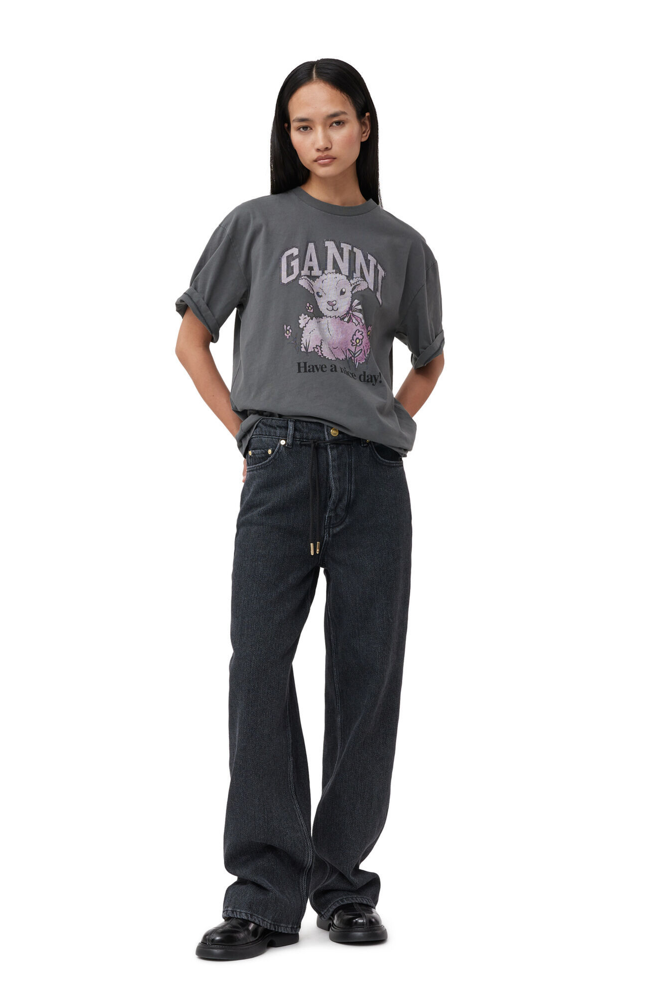 Ganni Grey Future Relaxed Lamb T-shirt In Gray
