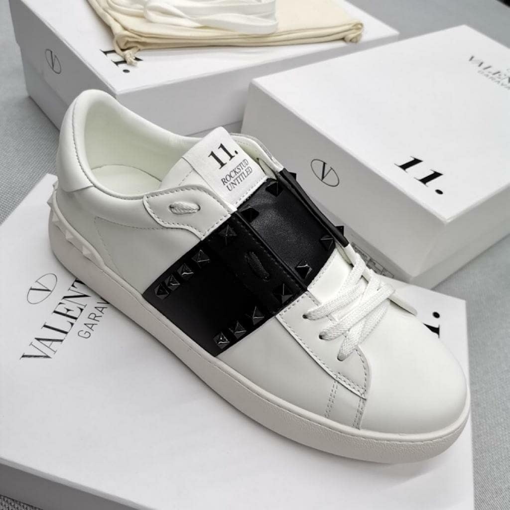 Valentino Rockstud Open Leather Sneakers In White