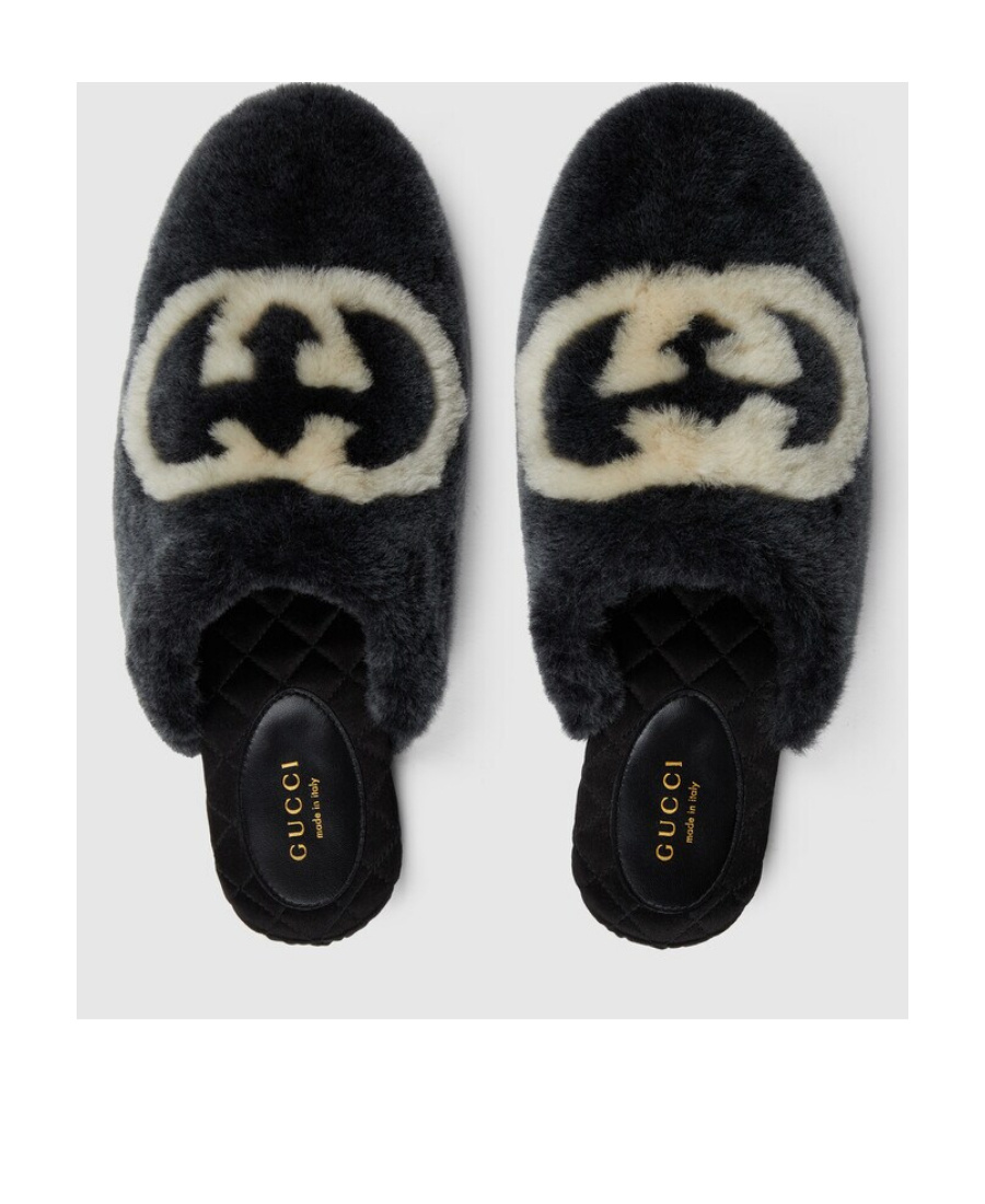 Gucci Interlocking G Faux-fur Slippers In Black
