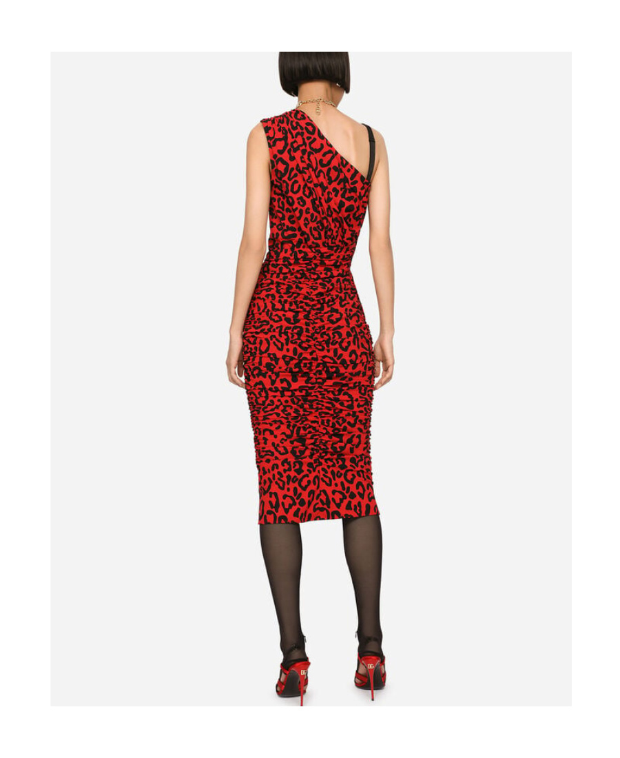 Dolce & Gabbana Leopard-print Ruched One-shoulder Midi Dress In Red
