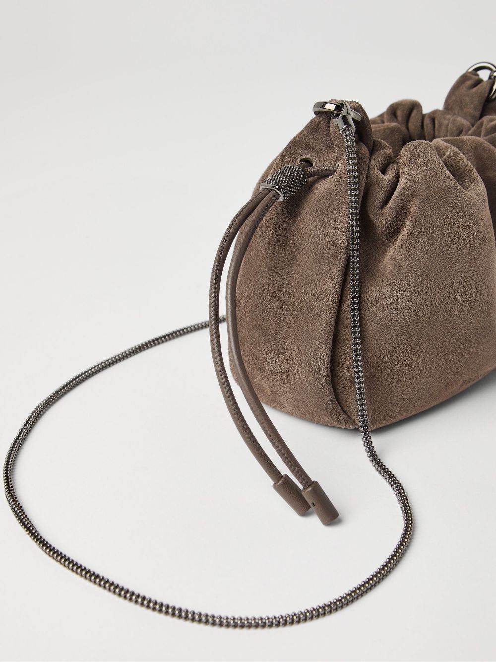 Brunello Cucinelli Soft Suede Drawstring Bag With Chain-link Strap In Brown