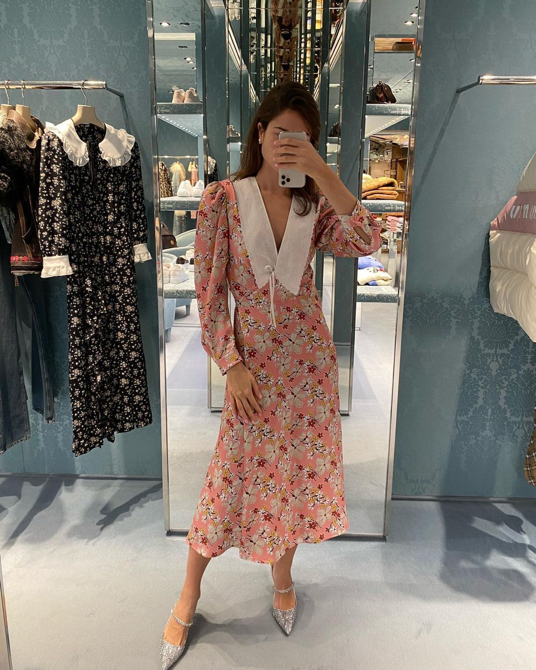 Miu Miu Sable Satin Dress With Floral Print In Pink