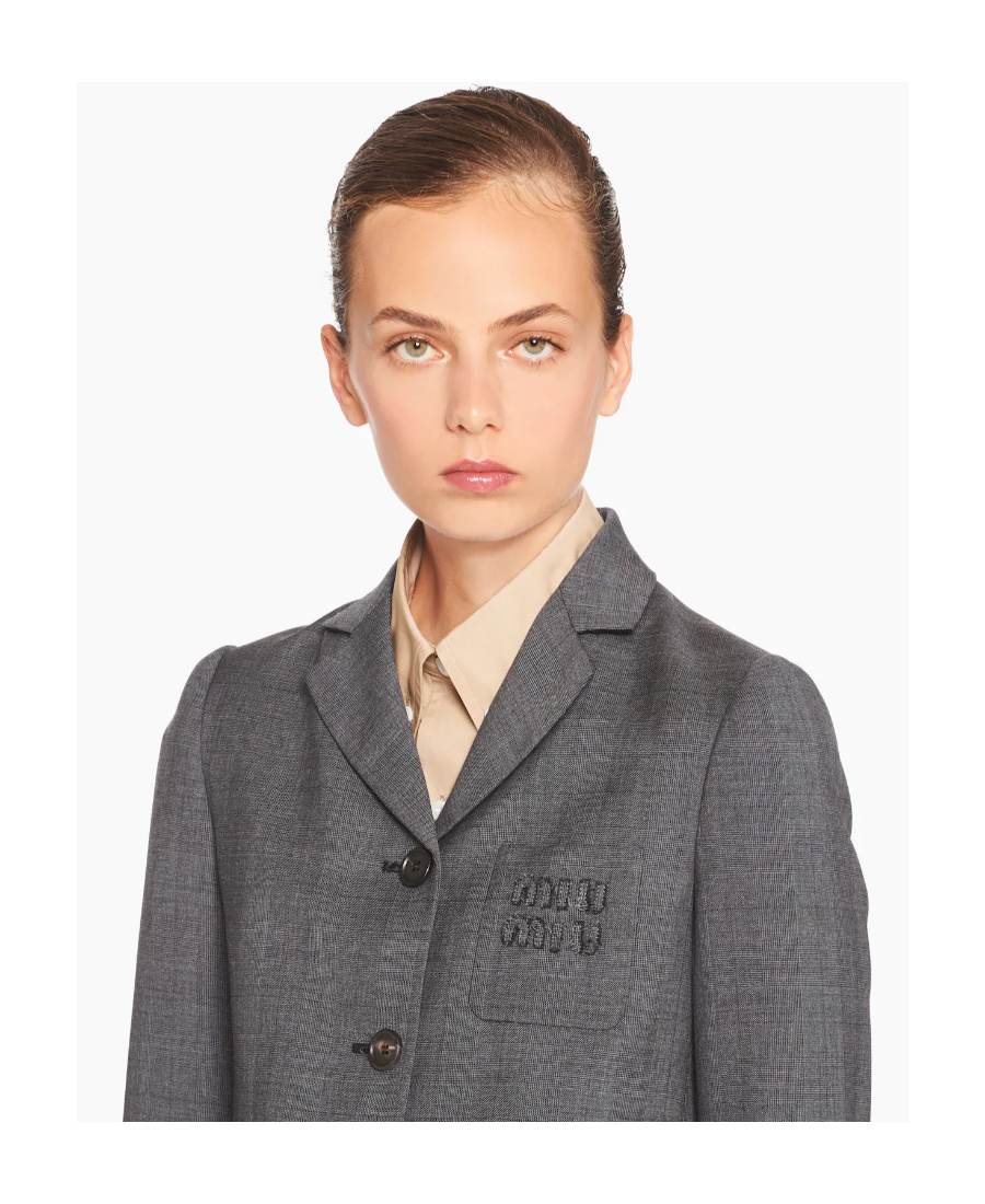 Miu Miu Logo-embroidered Prince Of Wales Check Crop Blazer In Gray