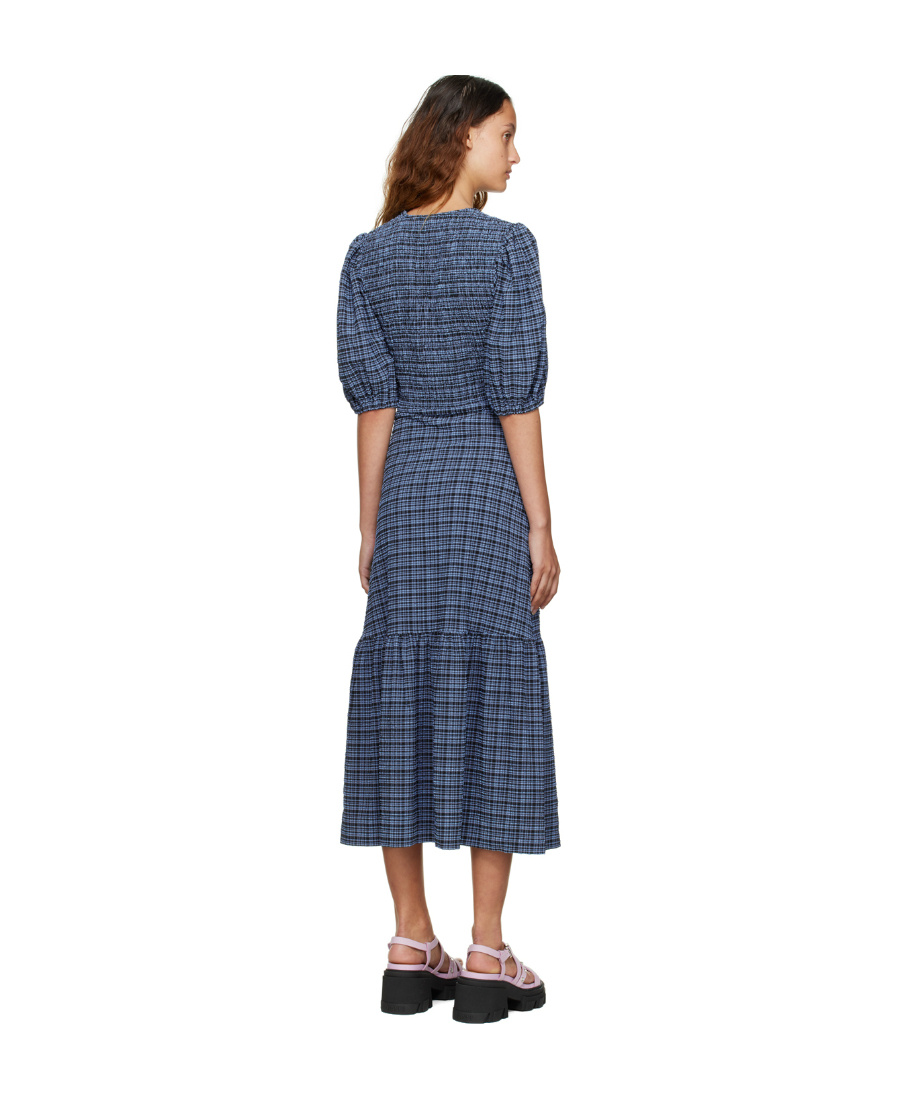 Ganni Check-print Seersucker Midi Dress In Blue
