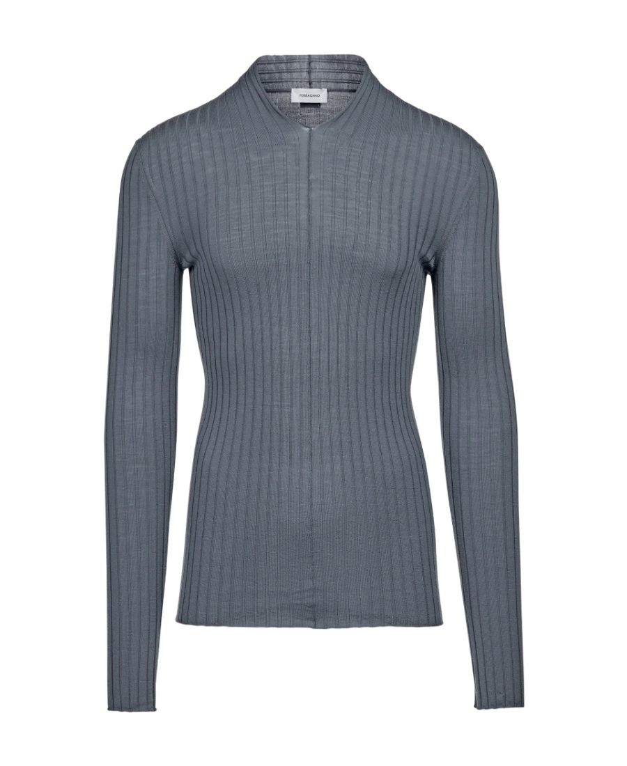 Ferragamo V-neck Ribbed-knit Jumper In Gray