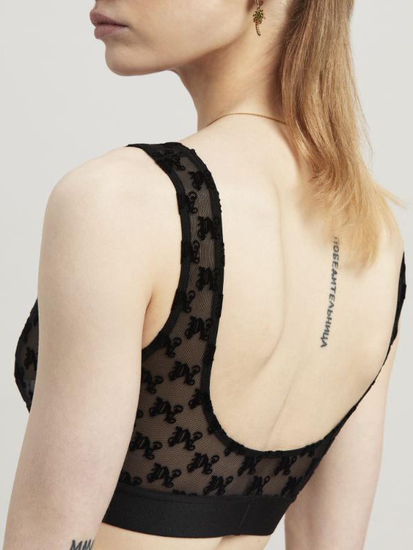 Palm Angels Monogram Pattern Scoop Neck Lace Bra In Black